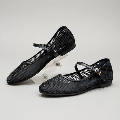 Classic Black Textured Mary Jane Flats for Women
