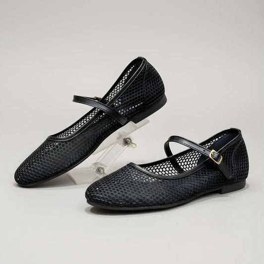 Classic Black Textured Mary Jane Flats for Women