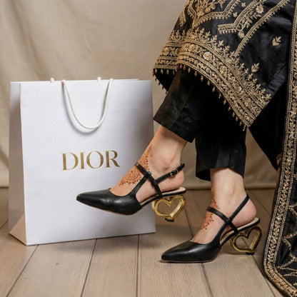 Black Stiletto Golden Love Heels Ankle Strap Pumps Sandal