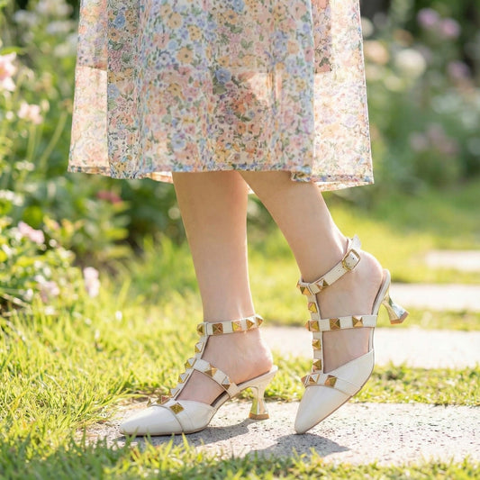 Beige Valentino Roman Stud Ballet in Calfskin Heels Sandal