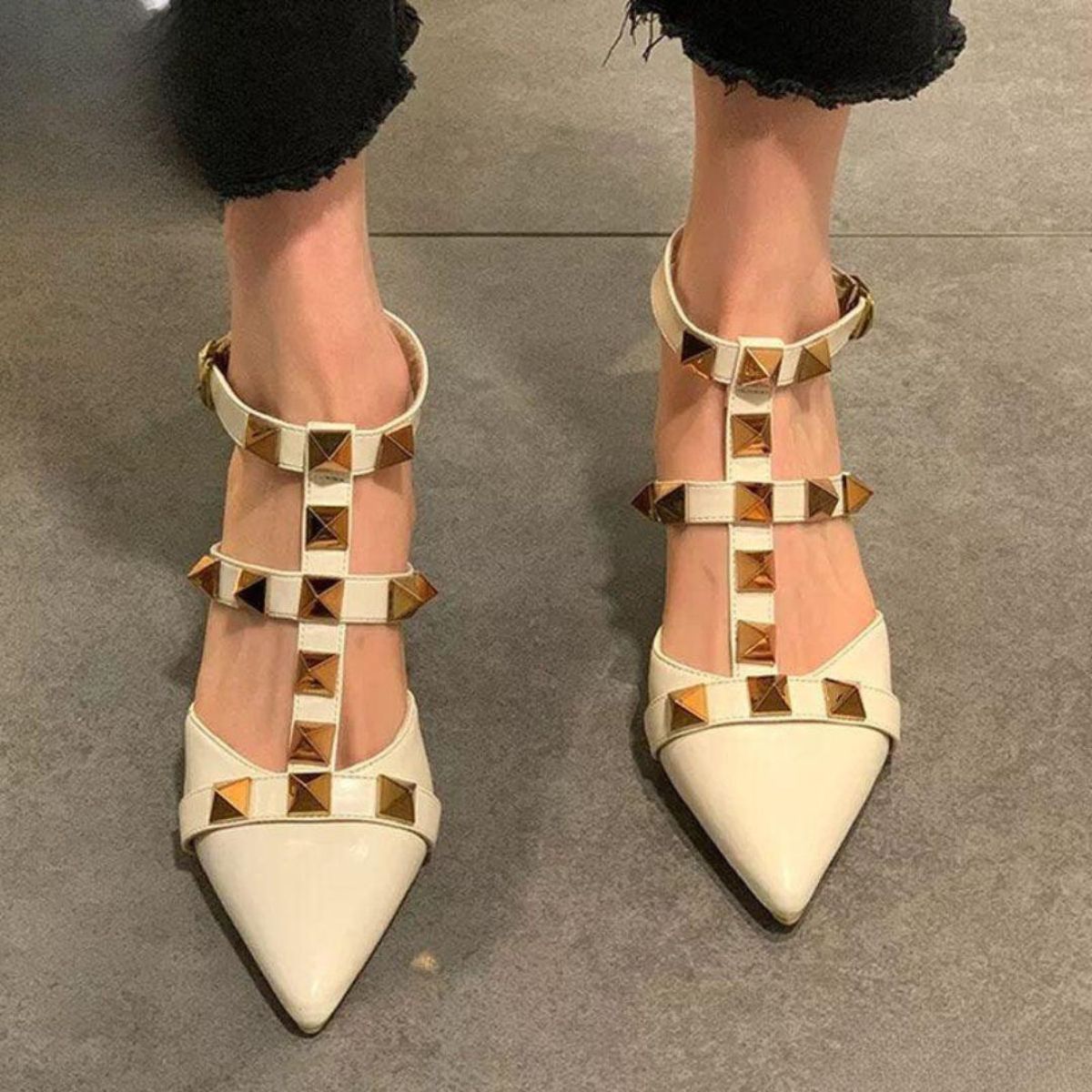Beige Valentino Roman Stud Ballet in Calfskin Heels Sandal