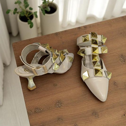 Beige Valentino Roman Stud Ballet in Calfskin Heels Sandal