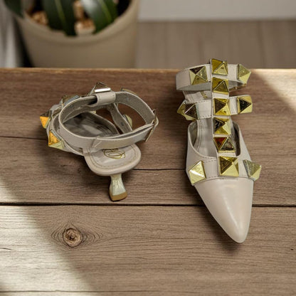 Beige Valentino Roman Stud Ballet in Calfskin Heels Sandal