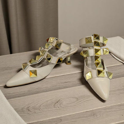 Beige Valentino Roman Stud Ballet in Calfskin Heels Sandal