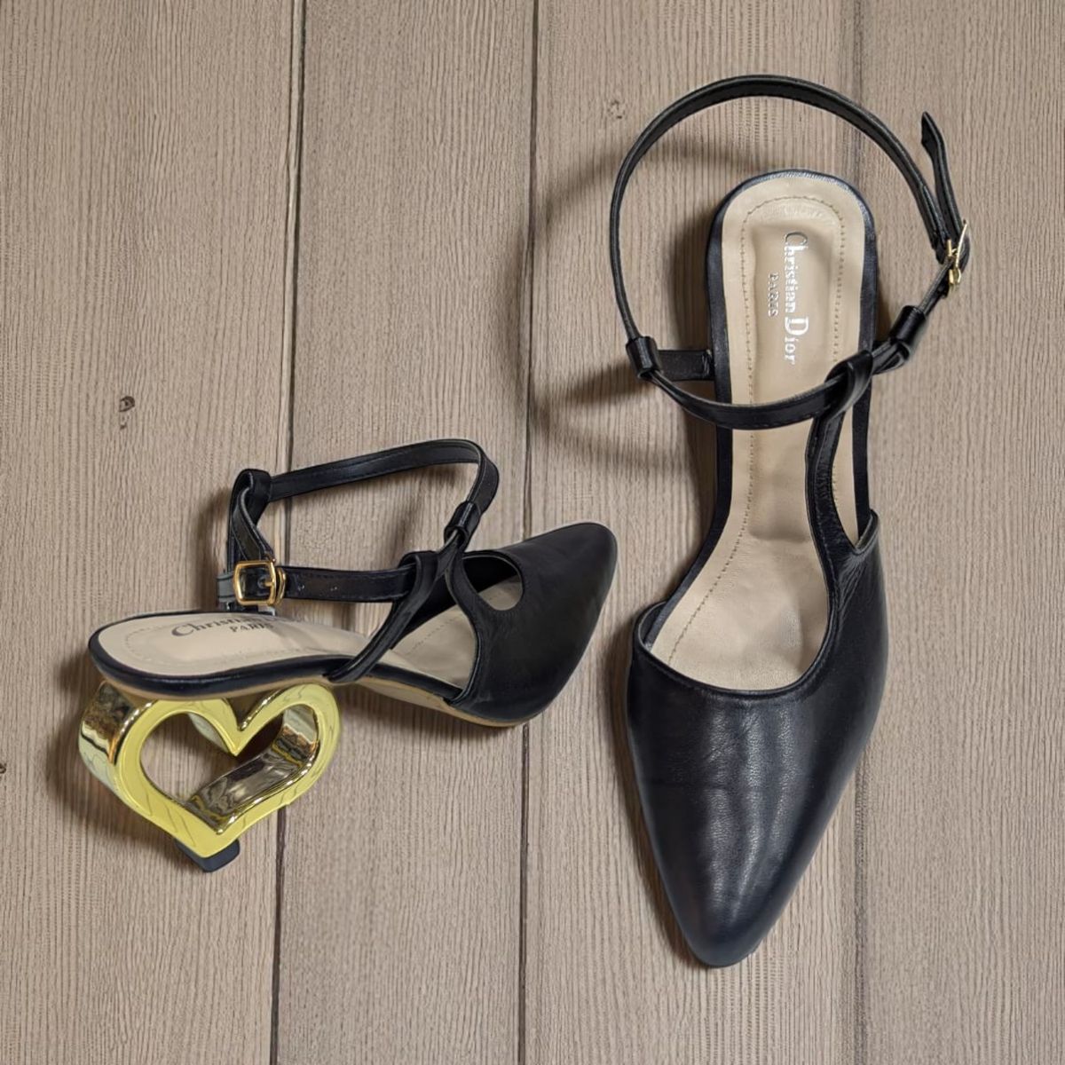 Black Stiletto Golden Love Heels Ankle Strap Pumps Sandal